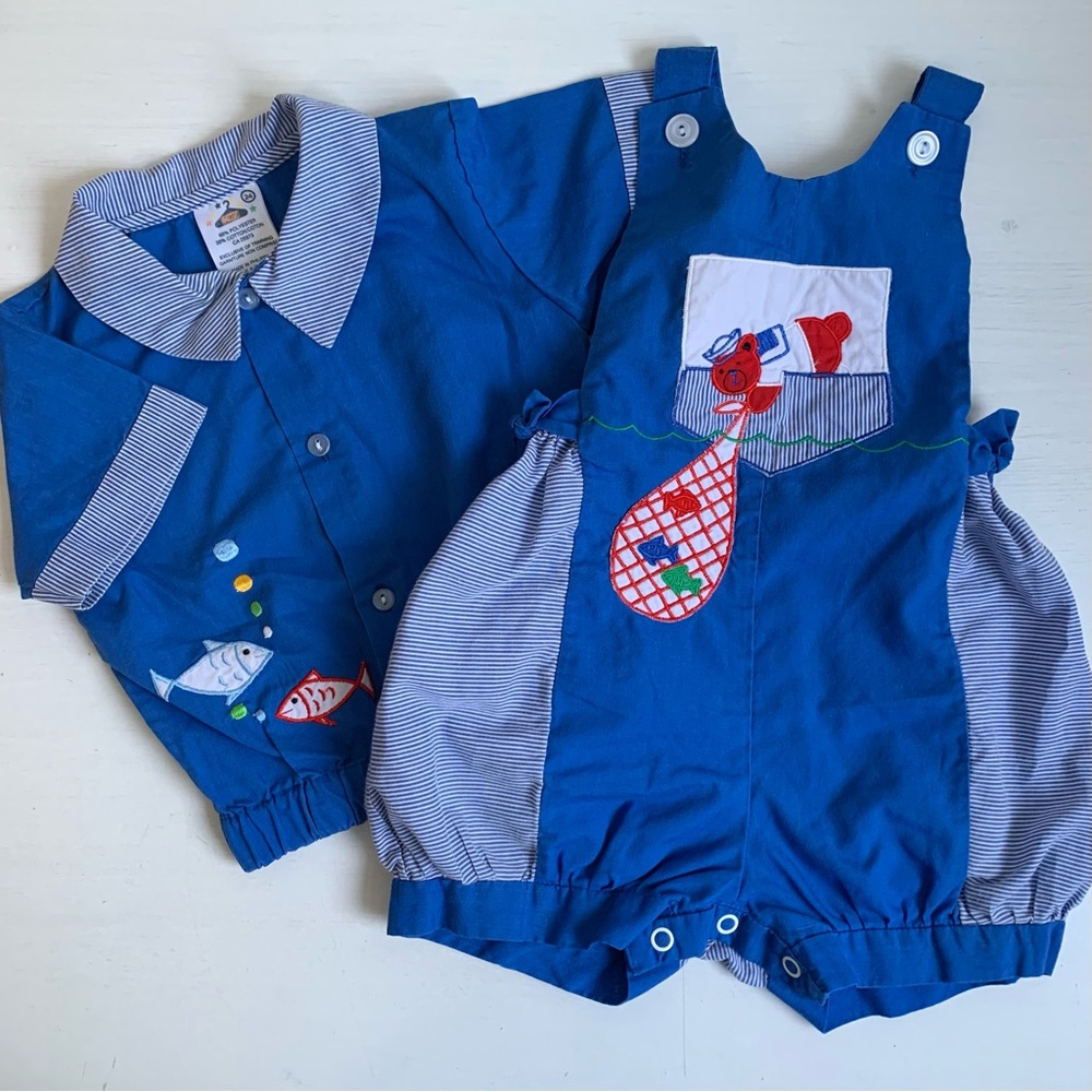 Vintage ICZ 2pc Set Romper & SS Button Shirt Bear & Fish Appliqué Sz 24 Months